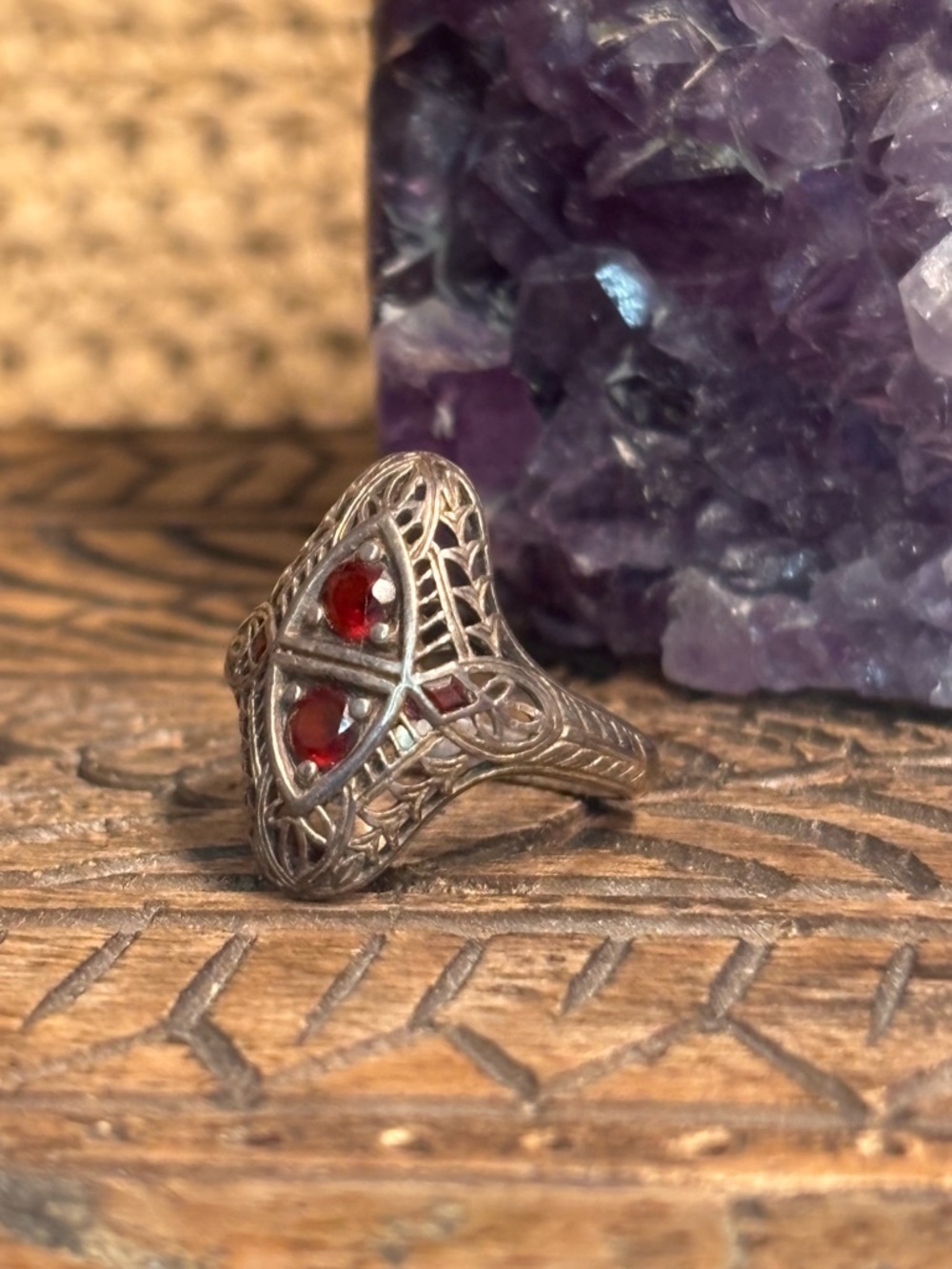 Sterling Silver Filigree Ring with Red Authentic Garnet Gemstones Size 6 - Picture 2 of 3